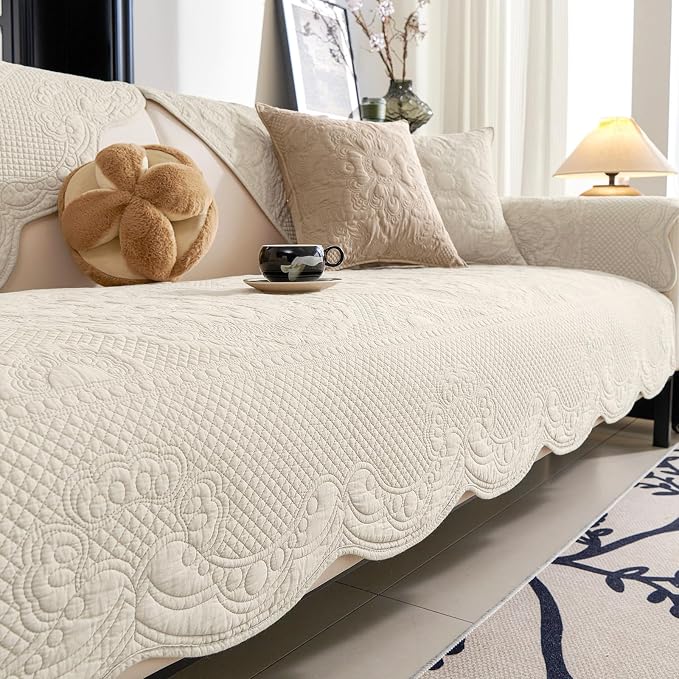 vctops Boho Cotton Quilted Couch Cover Soft Embroidered Sofa Cover Non-Slip Dog Bed Cover Scalloped Sofa Slipcover Washable Furniture Protector Cover (Cream,36"x82") by vctops