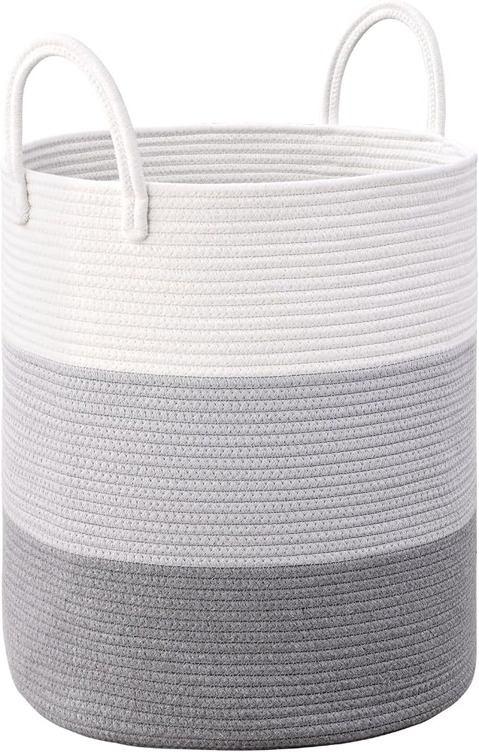 Laundry Hamper for Organizing, 52L Large Laundry Baskets, Cotton Rope Woven Blanket Basket, Collapsible Laundry Hamper for Living Room, Nursery, 15"×18", Gray by Degeyoyo