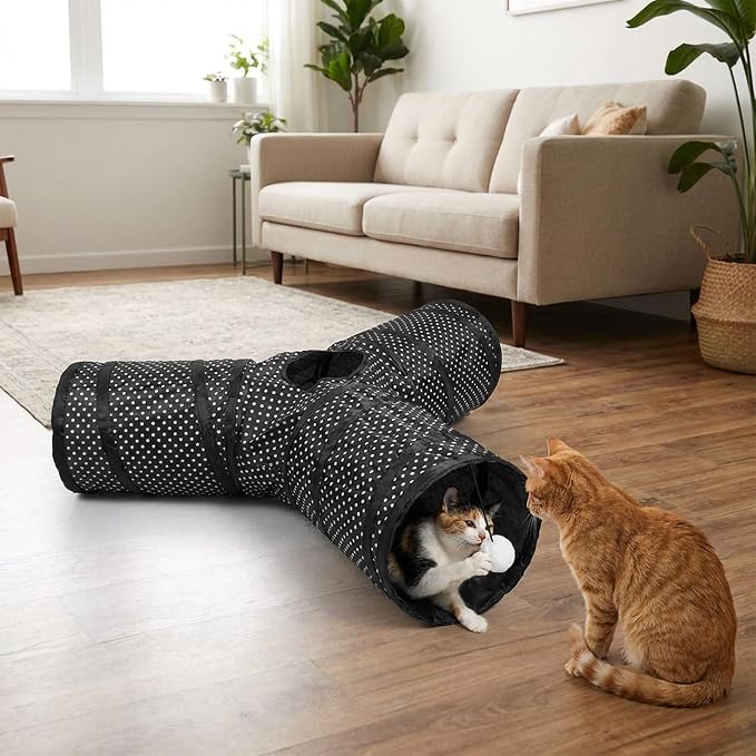 Cat Tunnel Collapsible, More Interactive Indoor Play Toy Tube for Cats & Kittens with Hanging Ball and Peekaboo Holes(Y) - Image 8