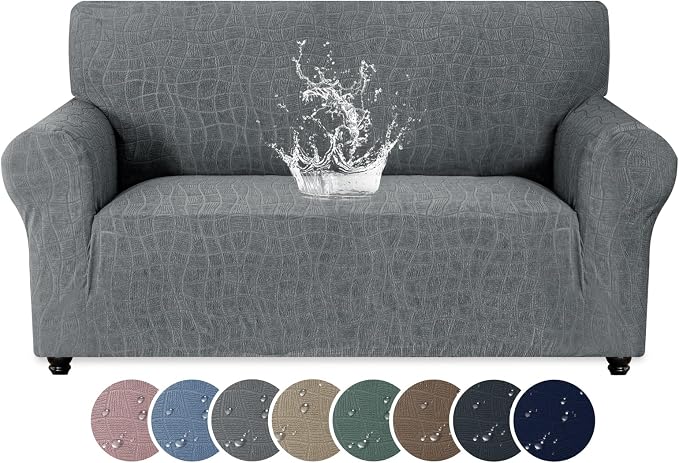MAXIJIN Waterproof Loveseat Cover Couch Covers, 1 Piece Stretch Love Seat Sofa Slipcovers with Non-Slip Elastic Bottom, Washable Furniture Protector for Dogs Pets (Medium, Light Gray) by MAXIJIN