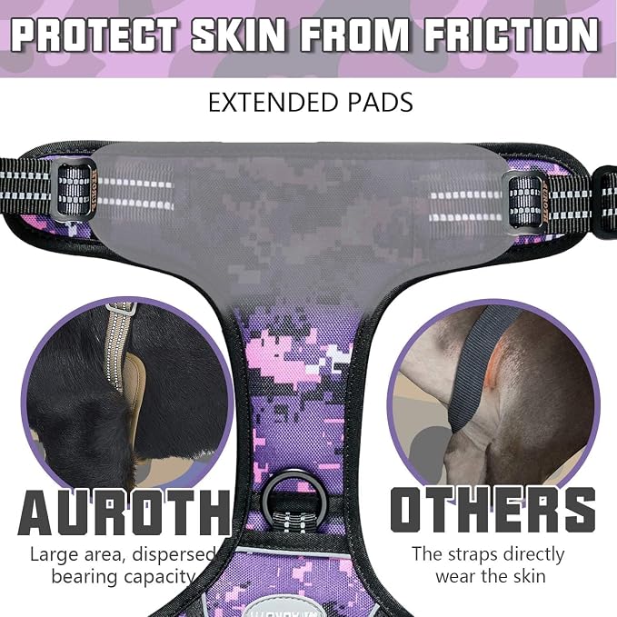 AUROTH Tactical Dog Harness for Extra Large Dogs, Heavy Duty No Pull Vest | Easy Control with Handle, Reflective, Military K9, No Choke, 2 Clips, for Walking Hunting Hiking Training, Purple Camo, XXL - Image 6