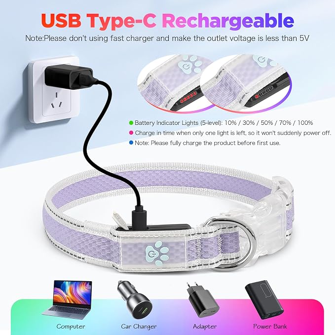 Flashseen Light up Collars for Dogs at Night, 9-Mode Glow, USB Rechargeable | Color Changing LED Lighted Dog Collar, Super Bright Adjustable Glow Collar for Night Walking (Lavender, Small) - Image 5