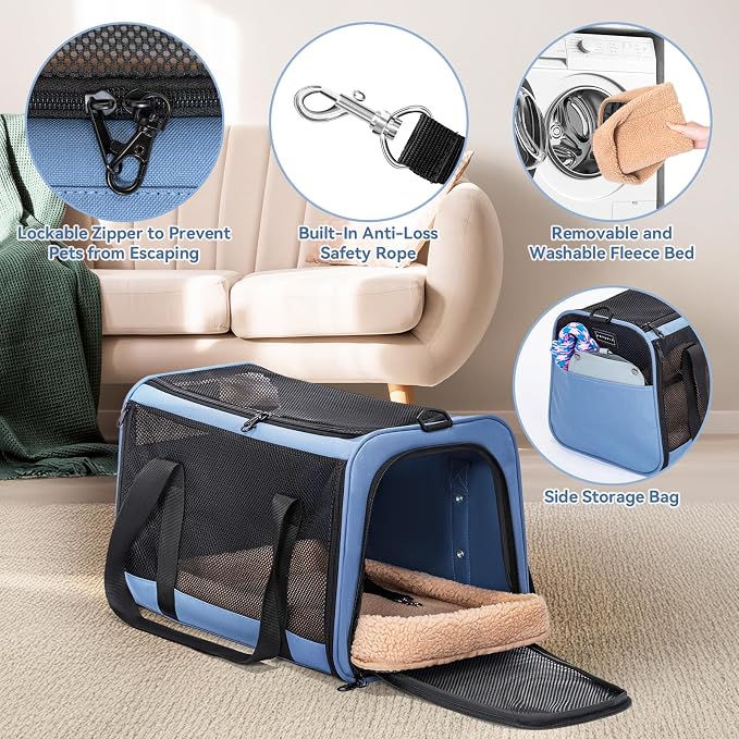 PETSFIT Cat Carrier Soft with Patented Safety Buckles, Safe for Car Travel | Lockable Zippers, Safety Tether, Escape-Resistant Pet Carrier for Vet Visits, Airline Approved Under-Seat, Up to 12 lbs - Image 4