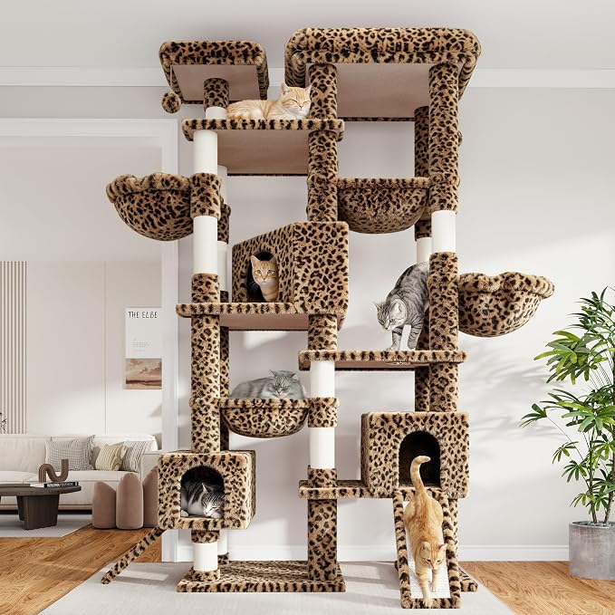 Sha Cerlin 87 in Multi-Level Tall Cat Tree Tower for Large Cats/Extra Wide Feline Activity Center/Sisal Scratching Posts/Wide Base/Cozy Plush Perches/Baskets/Hammocks/Toy Balls/Leopard Print - Image 2