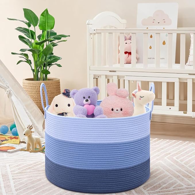 67L Large Woven Blanket Basket, Cotton Rope Baby Laundry Hamper with Handles, Kids Toy Basket for Classroom & Nursery, Soft Round Stuffed Animal Storage, Dog Toy Bin - 20"x13", Blue - Image 4