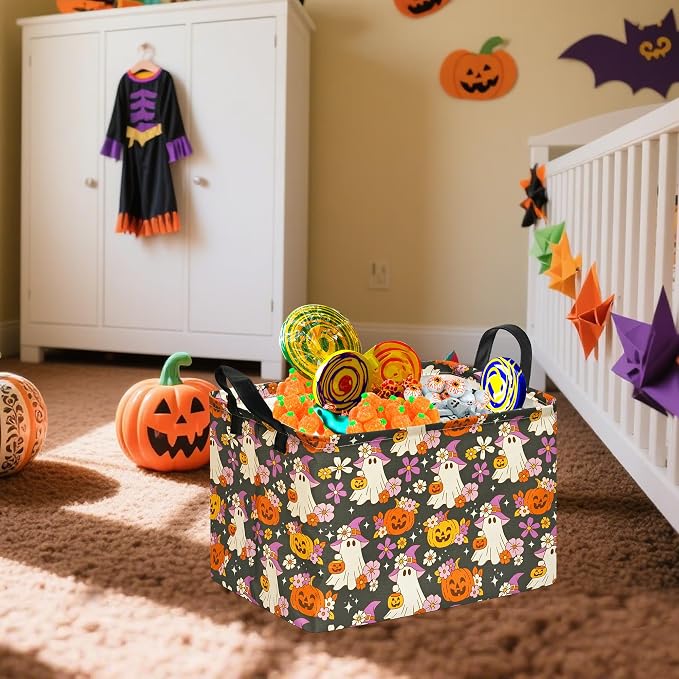 Halloween Pumpkin Ghost Storage Basket, Foldable Toy Organizer Bin | Halloween Pumpkin & Ghost Design with Cotton Linen Fabric, Waterproof Lining, Leather Handles and Foldable Storage Style - Image 7