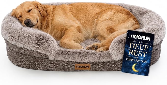 Miorun Fluffy Orthopedic Dog Beds Large Sized Dog, 43" Bolster Sofa Bed | Soft plush faux fur,lowered entry,washable cover,waterproof liner,claming dog couch for x-large dogs,supportive bolster by Miorun
