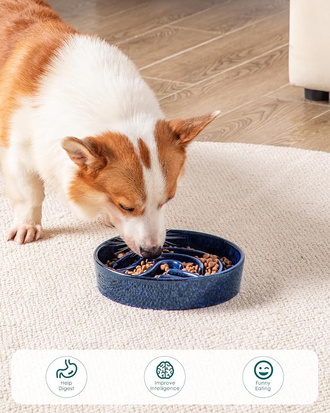 vancasso Slow Feeder Dog Bowl, 1.5 Cup Ceramic Slow Feeding Food Dish for Small and Medium Breed, Puzzle Dog Food Bowl for Fast Eater, Blue - Image 7