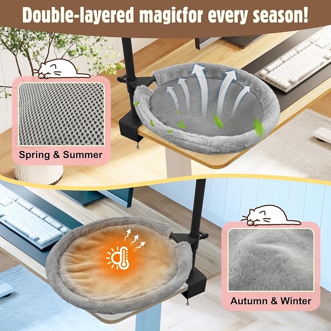 Double Cat Desk Bed, 360° Rotating & Adjustable Heigh Kitten Nest for Desktop, Double Kittens Clamp Hammock Bed with Dual-Sided Reversible Mat for Home Office-Maximum Hold Up to 40lb - Image 5