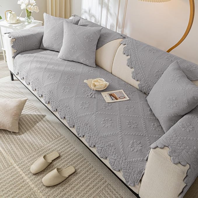 Cotton Quilted Dog Couch Cover for Sofa Farmhouse Rustic Embroidery Sectional Couch Cover Soft Anti-Slip Sofa Slipcover Furniture Protector for Kids, Pets (Grey,36"x36") - Image 4