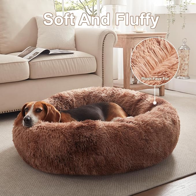 33 in Faux Fur Donut Dog Bed for Medium Plus Dogs,Tie-dye Brown | Calming Plush Round Fluffy Pet Bed with Removable & Washable Cover,Fits up to 65 lbs Pets - Image 4