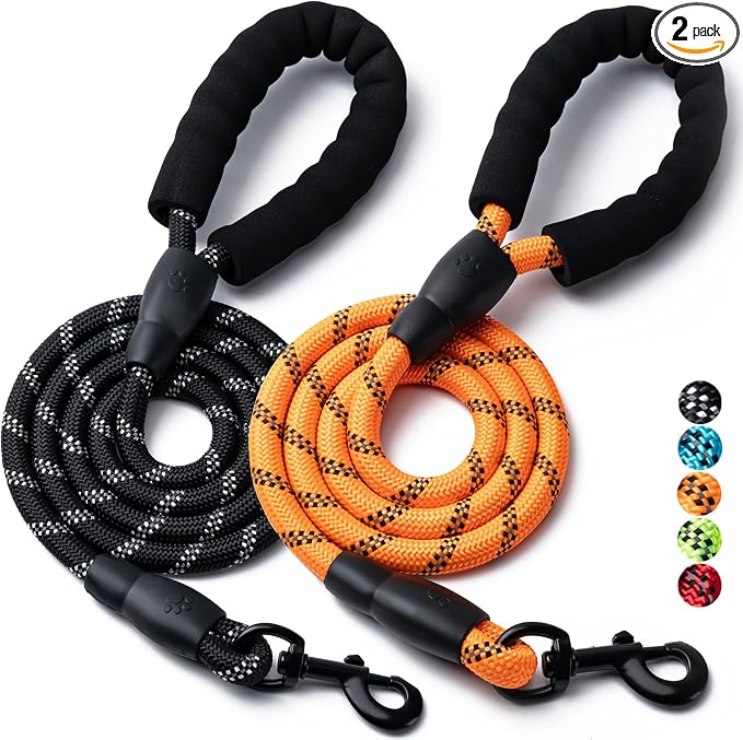 2 Pack Dog Leash, Heavy Duty Nylon Rope Pet Leashes(6FT-1/2,Black/Orange) | Comfortable Padded Handle, Anti-tangle Swivel Clip, Reflective for Night Walks and Training, Climbing Rope for Strong Pullers by BOOMIBOO