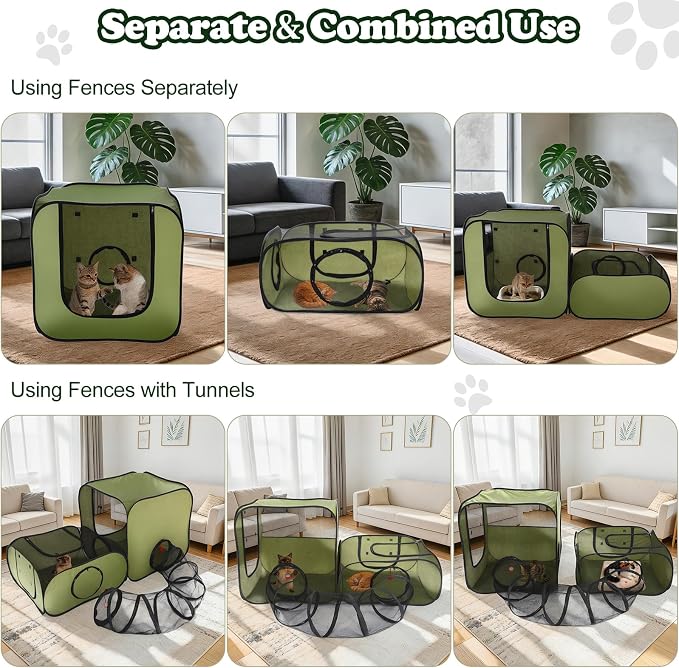Cat Playpen, 3-in-1 Pop-up Outdoor Cat Enclosure, Green | 2 Rooms & Tunnel, Breathable Mesh, Carry Bag, Interactive Toys, Multi-Entry Doors, Indoor & Outdoor Use for small pets - Image 4