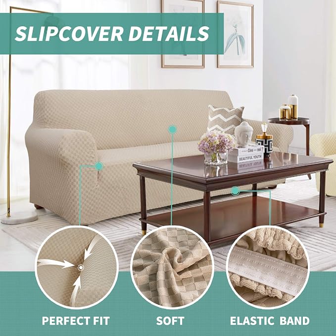 YEMYHOM Couch Cover Latest Jacquard Design High Stretch Sofa Chair Covers for Living Room, Pet Dog Cat Proof Armchair Slipcover Non Slip Magic Elastic Furniture Protector, Small (Chair, Khaki) - Image 3