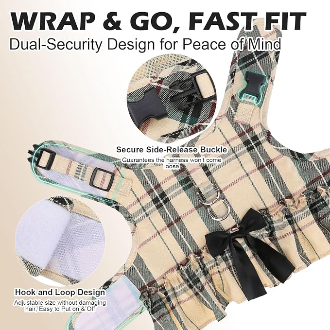 EXPAWLORER Dog Harness Small Medium Sized Dogs, No Choke No Pull Mesh Vest | Plaid Dog Dress Bowknot Harness and Leash Set Soft Cute Princess Puppy Outfits Clothes Costume for Girls Party Cats Beige S - Image 6