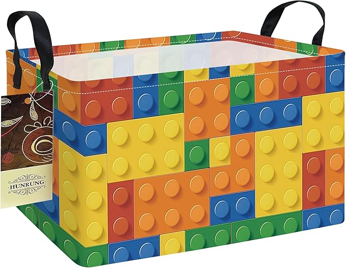 Rectangle Foldable Storage Basket Handles For Home, Colorful Blocks | Waterproof canvas material, reinforced handles, perfect for shelf use, organizes clothes, daily items and pet supplies by HUNRUNG