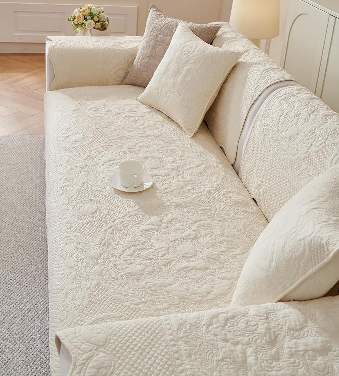vctops Boho Cotton Quilted Couch Cover Soft Embroidered Sofa Cover Non-Slip Dog Bed Cover Scalloped Sofa Slipcover Washable Furniture Protector Cover (Cream,43"x43") - Image 5