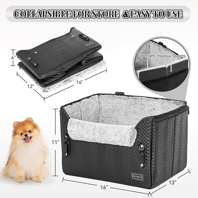 PETSFIT Small Dog Car Seat, Waterproof PU Leather Dog Carseat with Patent Safe Buckles, Clip-On Leash, Car Seat for Dogs, Cats Up to 25 lbs (Glossy Black) - Image 8