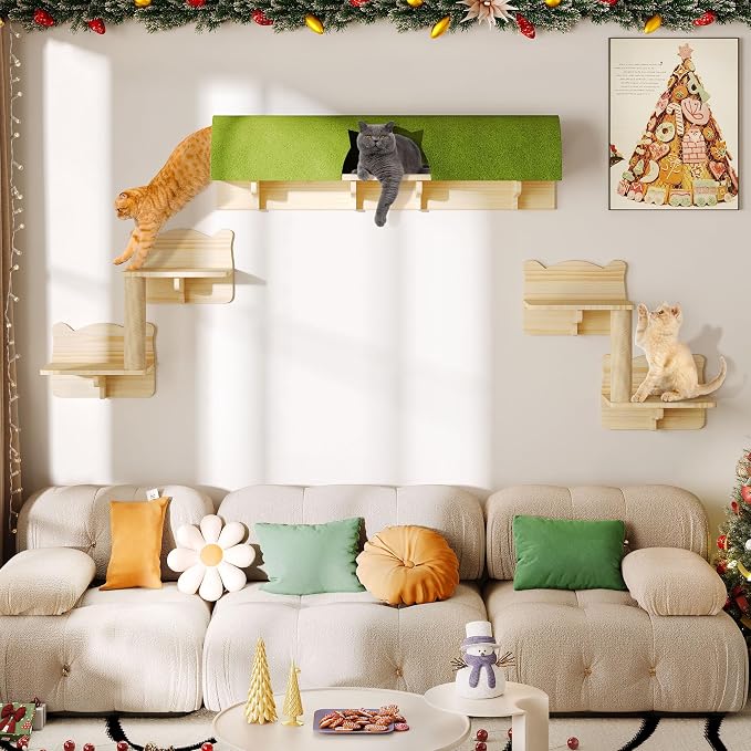 7-in-1 Cat Shelves for Wall, Cat Wall Furniture Set with Tunnel | Multi-Level Floating Cat Shelves for Space Saving, Solid Wood Cat Climbing System with Scratching Posts, Burlywood - Image 7