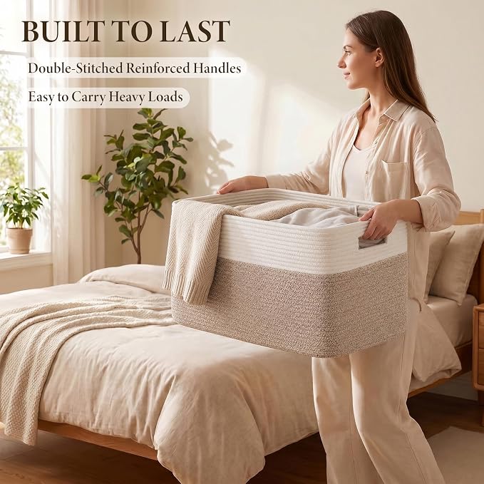 75L Large Cotton Rope Basket, Soft Toy Storage Bin for Nursery & Living Room, Decorative Blanket Basket for Bedroom, Baby-Safe Organizer for Pillows &Laundry, 22''×17''×12'', Brown and White - Image 4