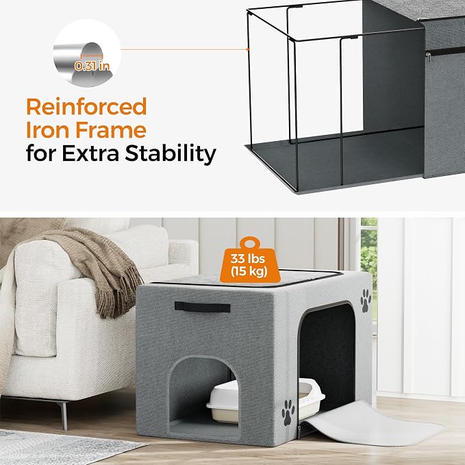 Hidden Cat Litter Box Enclosure with Cat Bed, Foldable Fabric Cat House | Tool-Free Assembly, Front Zipper Access, Spacious Interior, Easy Daily Cleaning, Fits Most Standard Litter Boxes - Image 3