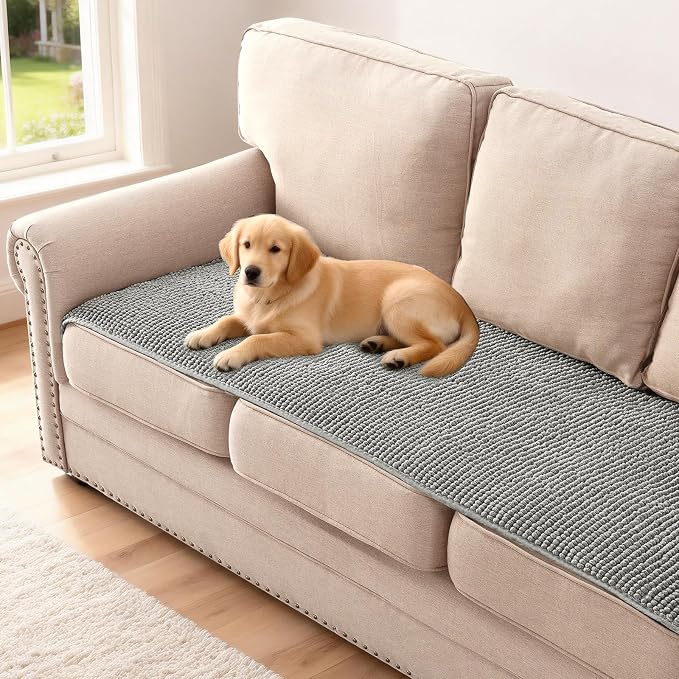 H.VERSAILTEX Plush Chenille Couch Cover for 3 Cushion Couch Anti Slip Washable Sofa Slipcovers Soft and Durable Furniture Protector for Dogs Cats Kids (27.5" x 82", Dove) by HVERSAILTEX