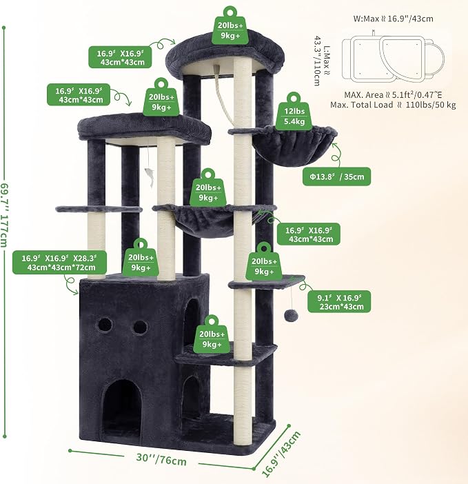 Heybly Cat Tree, 69.7 in Secure Anti-Tip Cat Tower for Large Cats HCT065G | Expansive Cat Furniture with Dual-Tier Cat Condo Villa, 2 Top Perches, Hammock & Full Sisal Scratching Posts, Smoky Gray - Image 6