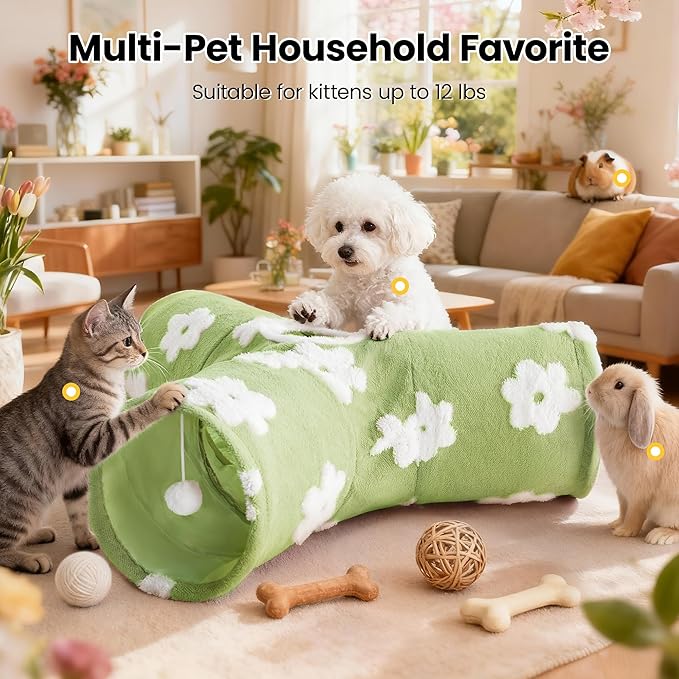 Tempcore Flannel Cat Tunnel for Indoor Cats, 3 Way Collapsible Pet Play Tunnel with Teaser Wand, Peek Holes & Hanging Ball, Interactive Tube for Kittens & Rabbits, Daisy Green - Image 3