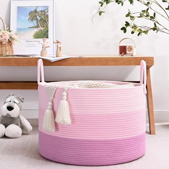 67L Large Woven Blanket Basket, Cotton Rope Baby Laundry Hamper with Handles, Kids Toy Basket for Classroom & Nursery, Soft Round Stuffed Animal Storage, Dog Toy Bin - 20"x13", Pink - Image 2
