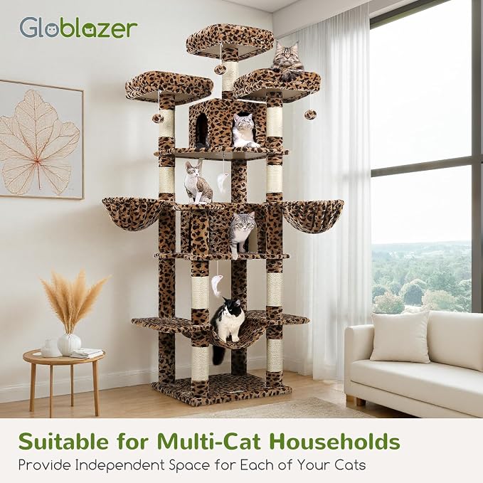 Globlazer Big XXL Cat Tower for Indoor Multiple Cats, F80, Leopard Print | 80 inch Cat Tower for Adult Cats Cat Tree with Scratching Post, Hammock, 3 Perches, 2 Condos, 2 Hanging Basket - Image 5