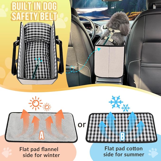 SlowTon Console Dog Car Seat, Dog Booster Seat for Small Dogs Under 11lbs | Portable, Safety Features for Anti-Collapse, Hard Bootm for Excellent Support, with Washable Cushion Built in Seat Belt - Image 6