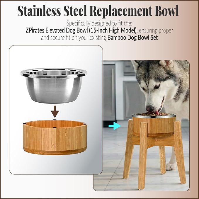 Dog Bowl, Stainless Steel for Large Breeds, 9.5 x 3.9 Inch, 74-oz Capacity | Stainless SUS 304, Thick, Broad Rim for Handling - Fits ZPirates Raised Bamboo Dog Feeder - Image 5