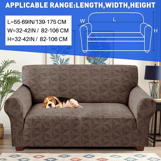 YEMYHOM 1 Piece Stretch Couch Covers for 2 Cushion Couch, Jacquard Loveseat Cover with Non-Slip Elastic Bottom, Thickened Slipcover Furniture Protector for Dogs Pets (Medium, Brown） - Image 2