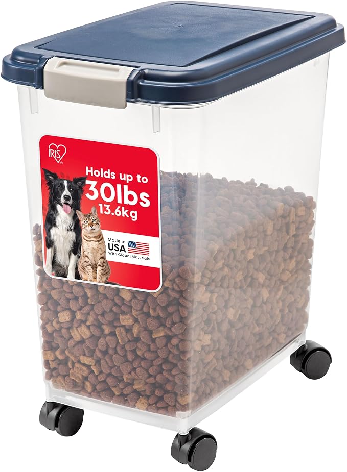 IRIS USA Dog Food Storage Container, Up to 30 lbs, Navy, Made in USA | Wheels for Mobility, Airtight Seal, BPA-Free, Best for Bird Seed, Cat food, Cat Litter, Chicken Feed, Pellets by IRISUSA