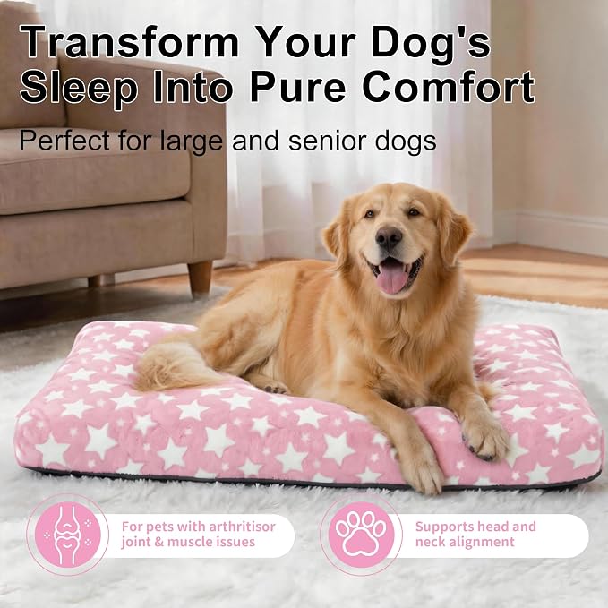 Orthopedic Dog Bed for Large Dogs, Washable Dog Mat with Removable Zippered Cover, Non-Slip Bottom, Comfort Crate Bed (Big&Little Stars Pink, L(35"*23"*3.1")) - Image 2