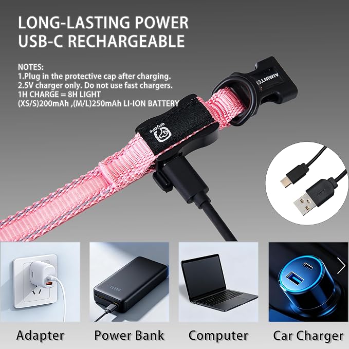 USB Rechargeable LED Dog Collar, Waterproof, Adjustable, Glowing, for Large Dogs, Night Walking, Camping, Jogging, Pink, L (Neck 18-28", Width 1") - Image 5