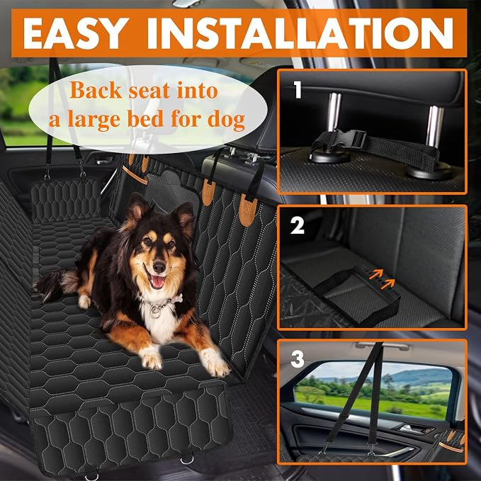 Waterproof Dog Car Seat Cover for Back Seat, Pet Hammock- S, Black/Orange | Durable waterproof hammock with nonslip design & storage pockets. Protects seats from scratches, fits cars, SUVs & trucks. - Image 5