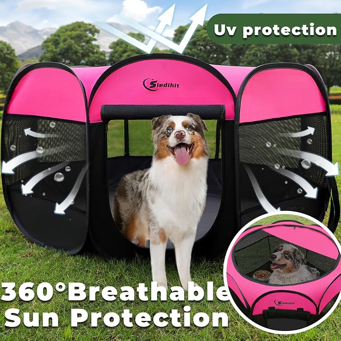 Siedihit Dog Cat Playpen, Large Puppy Pet Playpen, Dog Crate Tent Cage | Indoor/Outdoor, Portable Pop Up Dogs Kennel Playpen with Carrying Case for Dogs/Cats/Rabbits, Hot Pink - Image 8