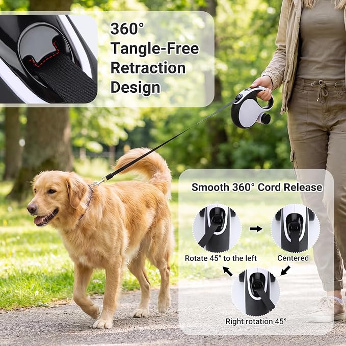 Segarty 16 Ft 360°Tangle-Free Leash with Detachable Poop Bag Holder, Retractable Lead for Dogs up to 66 lbs, 5m Long Walking Leash for Pets Outside with Anti-Slip Handle & One-Handed Brake Pause Lock - Image 5