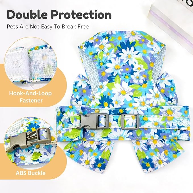 BAEJMJK Dog Harness and Leash Set with Bow Knot No Pull Pet Daisy Floral Harness with D-Ring Soft Mesh Dog Harness Vest Set Escape Proof Princess Puppy Harness for Small Girl Dogs Cats（Blue A S） - Image 6