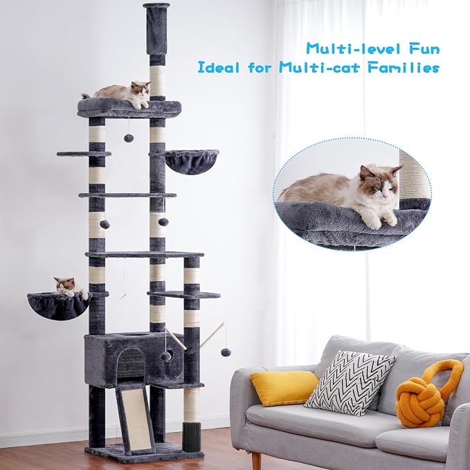 Hey-brother Cat Tree Tower, Adjustable Height, Floor to Ceiling, MPJ091G | 94.5-106.3 Inches Multi-Level Cat House, Scratching Posts, Plush Condo, Platform, Toy Ball for Indoor Big Cats, Smoky Gray - Image 8