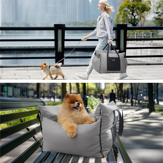 Lesure Small Dog Car Seat for Small Dogs - Soft Dog Booster Seat for Car with Storage Pocket and Clip-On Safety Leash and Thickened Memory Foam Filling, Pet Carseat Travel Carrier Bed, Grey - Image 6