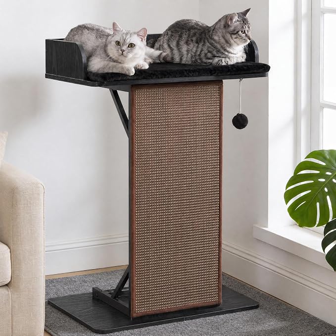 Modern Wood Cat Tree Tower for Indoor Large Adult Cats with Big Perch Bed | 33.8in Tall Wooden Cat Trees with Platform, Cat Scratching Pads, Washable Cushions, Cat Furniture for Window, Rustic Black by FeliskynCatTreeTower
