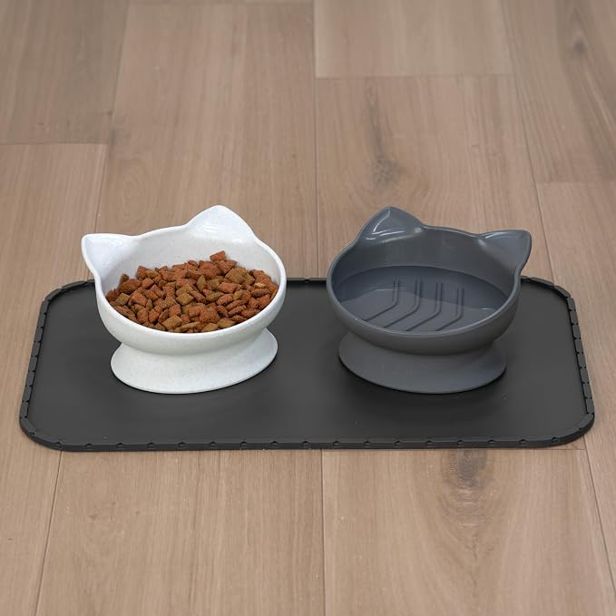 Kitty City Elevated Slow Feeder Cat Bowls (Set of 2), Whisker-Friendly Raised Cat Food Dishes with Ridges, Helps Reduce Fast Eating & Digestion Issues, Dishwasher Safe, 10.8 oz – White & Gray - Image 5