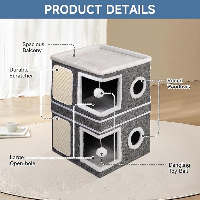 Shikha 2 Story Cat House beds for Indoor Cats with Scratch Pads Grey | 2 in 1 Dual Use Double Cat Bed Cave for Multiple Pets Kitten, Elevated Perch for a Wide View, All Season Reversible Cushion - Image 4