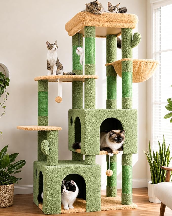 Globlazer Heavy Duty Cactus Cat Trees for Big Cats Maine Coon, F61, Green | Cat Tower for Indoor Large Adult Cats with Scratching Post, Extra Large Top Perch, Cat Condos, 61inch by Globlazer