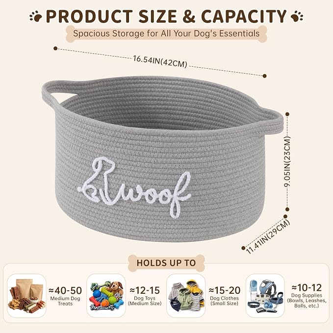 OIAHOMY 22L Large Dog Toy Basket, 16.5"x11.4"x9" Cotton Rope Basket with Cute Woof Embroidery, Soft Woven Pet Toy Box with Handles for Blankets, Leashes & Puppy Accessories, Decorative Organizer Gray - Image 3
