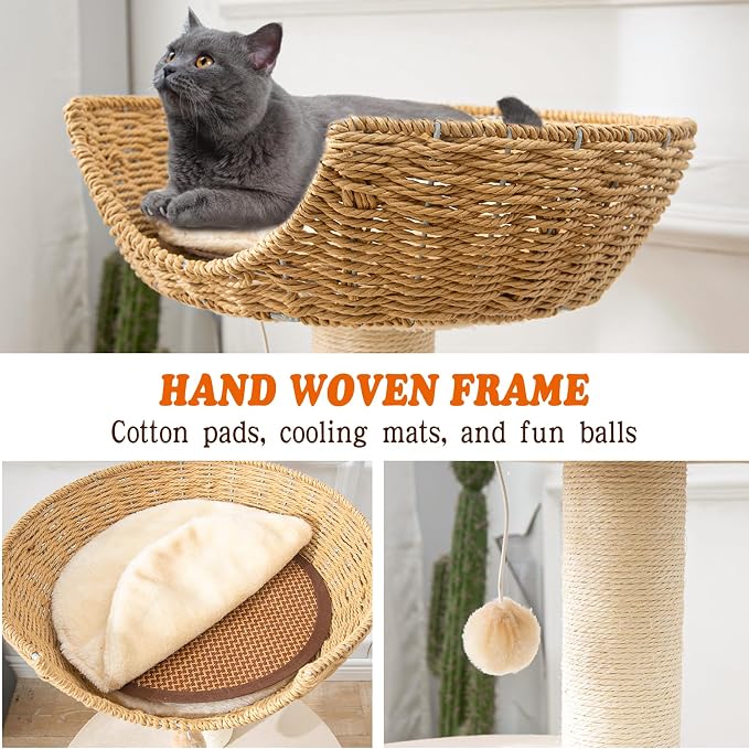 Modern Cat Tree for Indoor Cats, 30 in Cat Tower with Basket Bed | Interactive Play Base, 8cm Thick Sisal Scratching Posts, Climbing Ladder, Teaser Toy, Replaceable Cooling & Plush Mats - Image 3