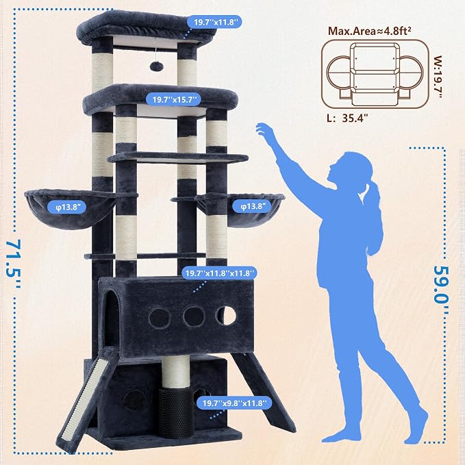 Hey-brother Cat Tree Tower with Multi-Level Platforms, Cozy Condos, MPJ085G | 71.5 Inches Cats House, Scratching Posts with 2 Hammocks, Scratch Board, 2 Plush Baskets for Multiple Indoor Cats, Smoky Gray - Image 2