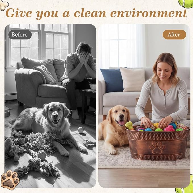 Zonon Metal Dog Toy Storage Bin with Handles 21 Quart Vintage Decorative Basket for Dog Ropes Food Living Room Decor, Galvanized Steel Pet Toy Organizer, 18x11.5x7.5 Inch (Dog's Paw) - Image 4